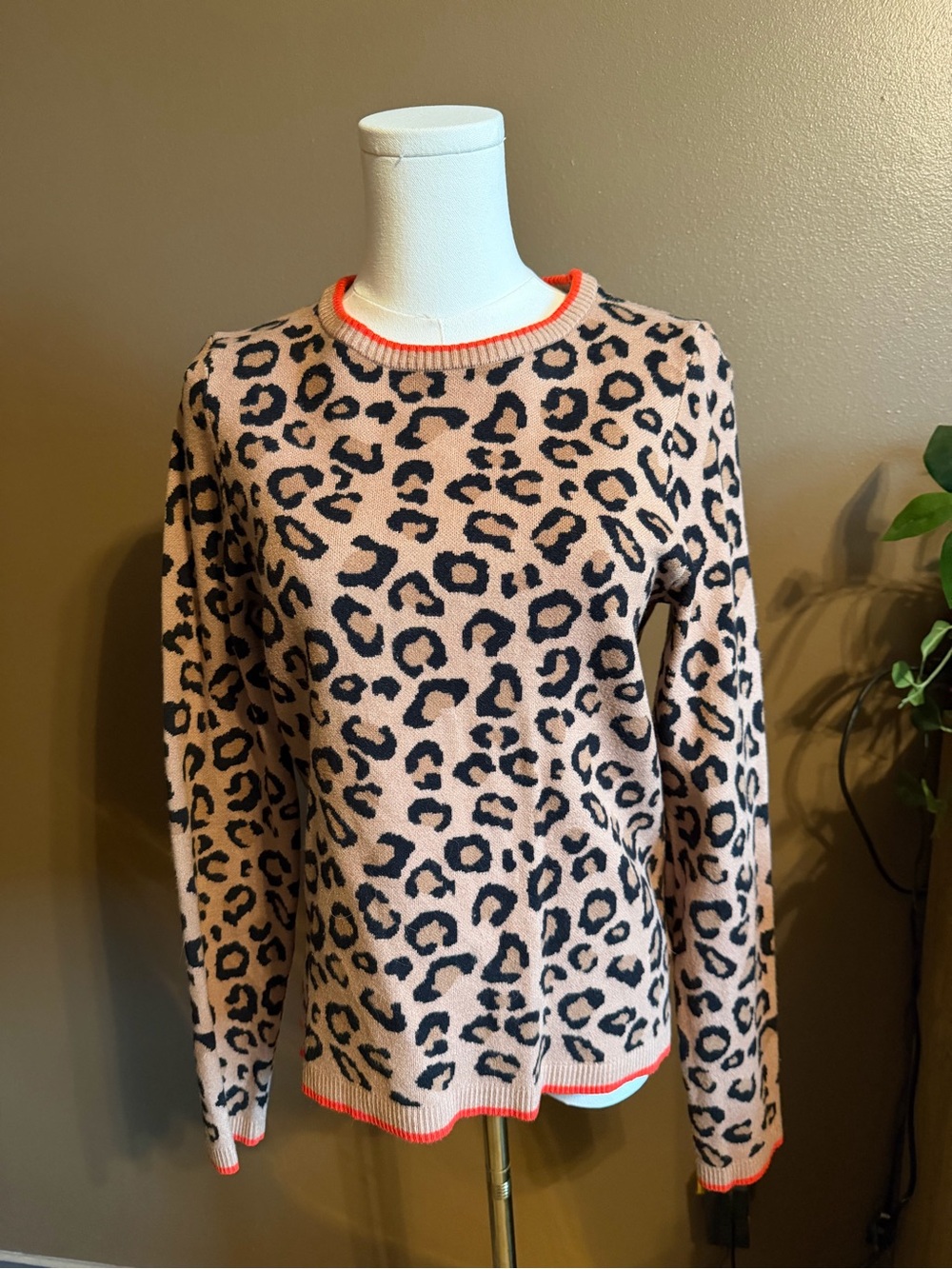Tahari Pink Leopard-Print Crewneck Sweater with Neon Orange Trim